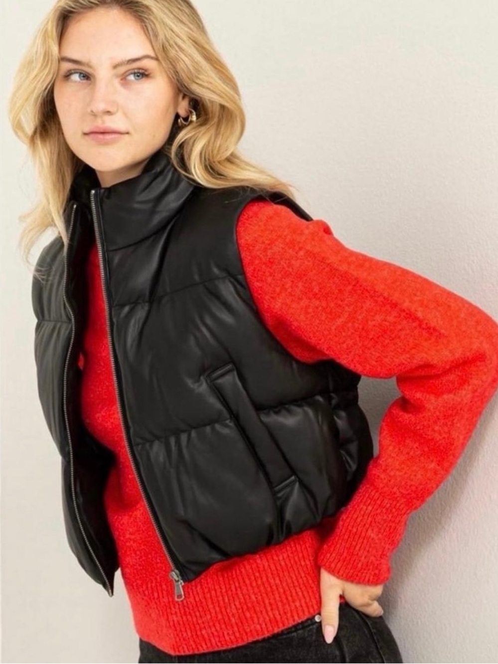 Double Zero Black Faux Leather Cropped Puffer Vest Size S NWT
